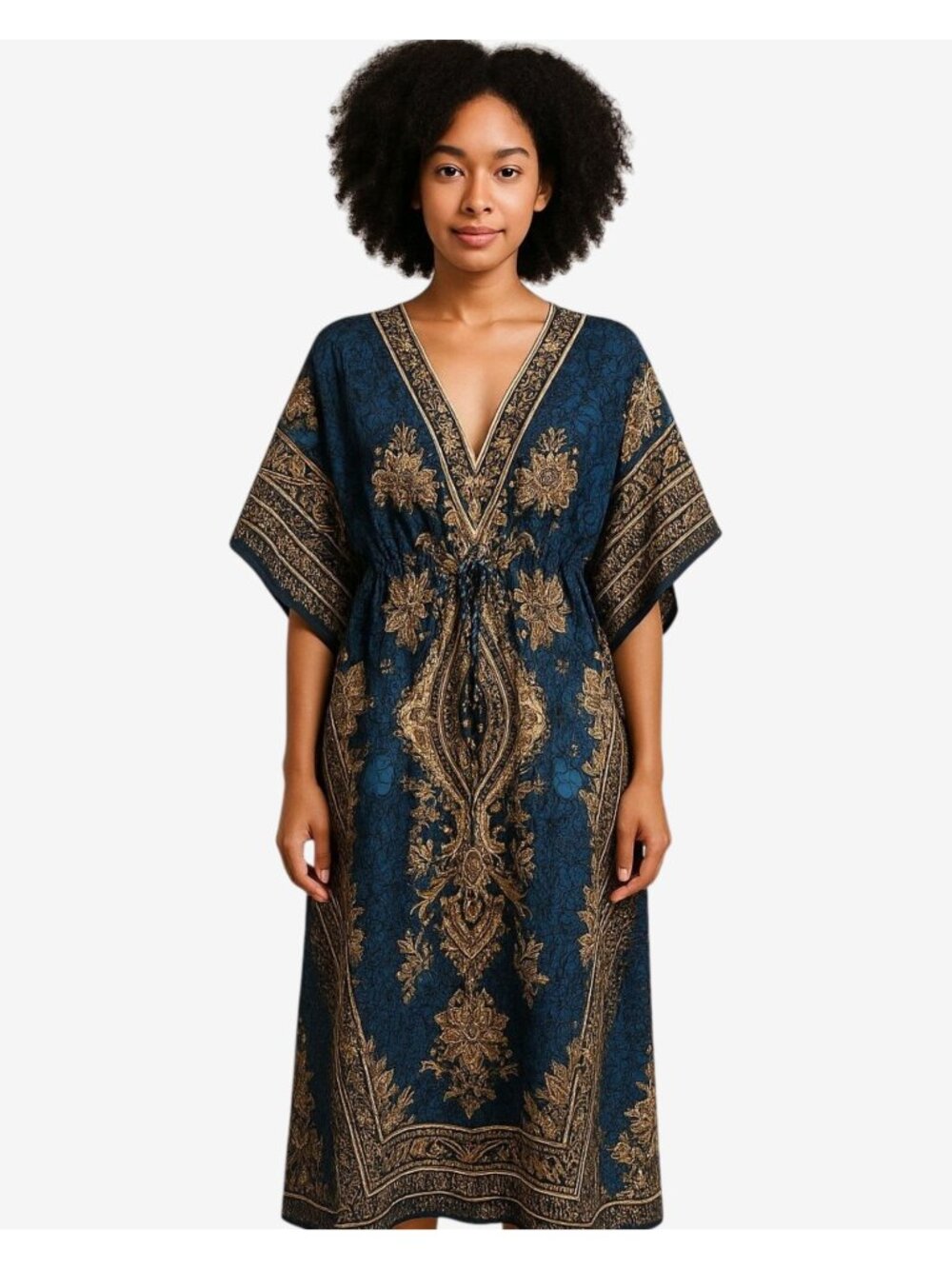 Boho Kaftan Maxi Dress Womens One Size Blue Gold Paisley V-Neck Beach Cover Up